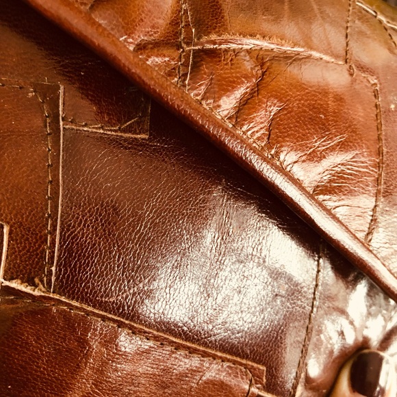 Vintage 1970’s brown leather patchwork Camila flower fold clutch handbag purse - Picture 3 of 6